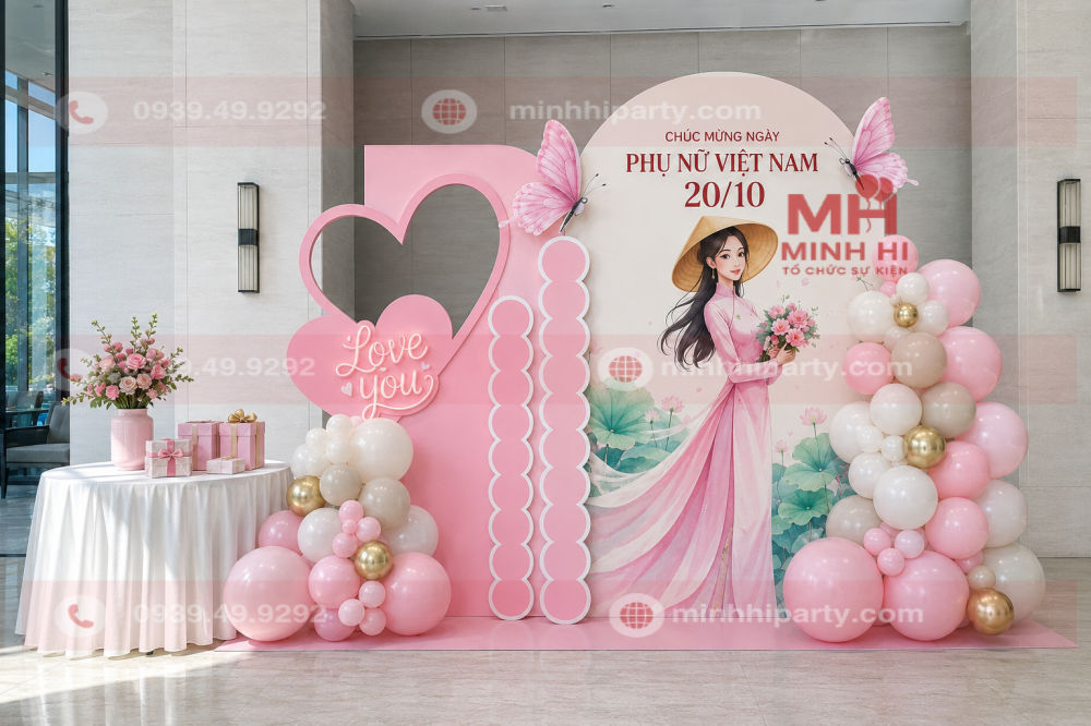 Decor 20/10 bằng bong bóng pastel hồng, trắng sữa và vàng ánh kim