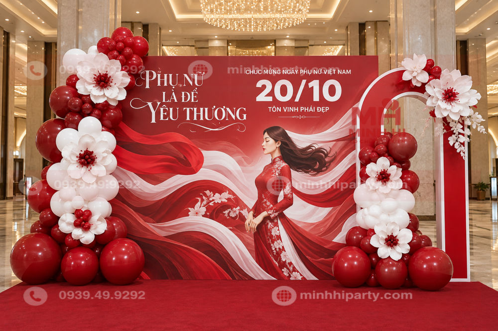 Trang trí 20/10 doanh nghiệp với bố cục check-in thông thoáng tại đại sảnh lớn