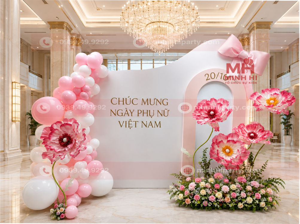 Trang trí Backdrop hoa tươi cho 20/10 bố trí trong sảnh khách sạn lớn với vòm hồng và hoa trang trí.