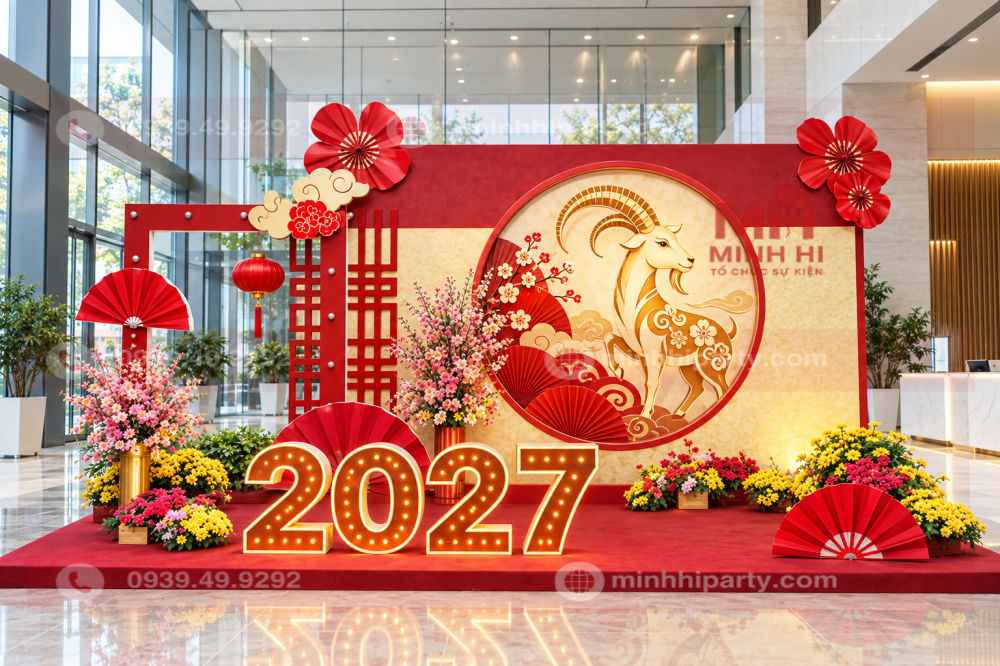 mau decor tet 2027 cho sanh lon van phong cong ty Mẫu decor trang trí tết 2027 cho sảnh lớn văn phòng công ty dạng tiểu cảnh