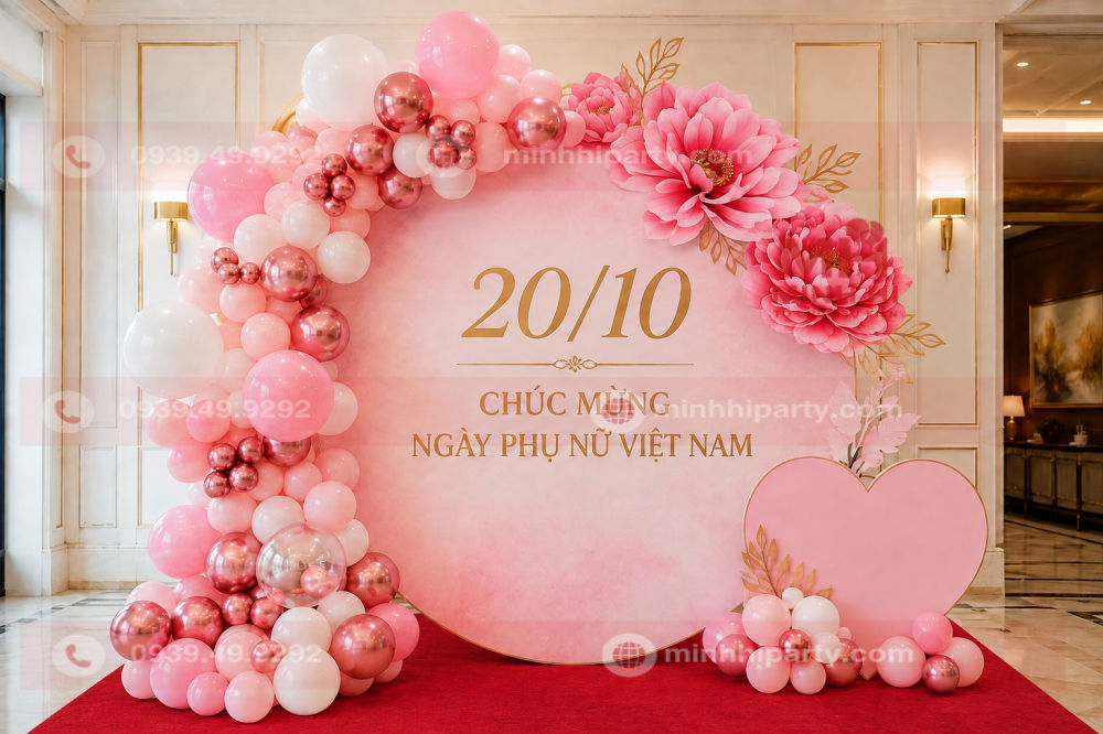 Màu sắc trang trí góc check-in ngày 20/10 hồng pastel kết hợp thảm đỏ