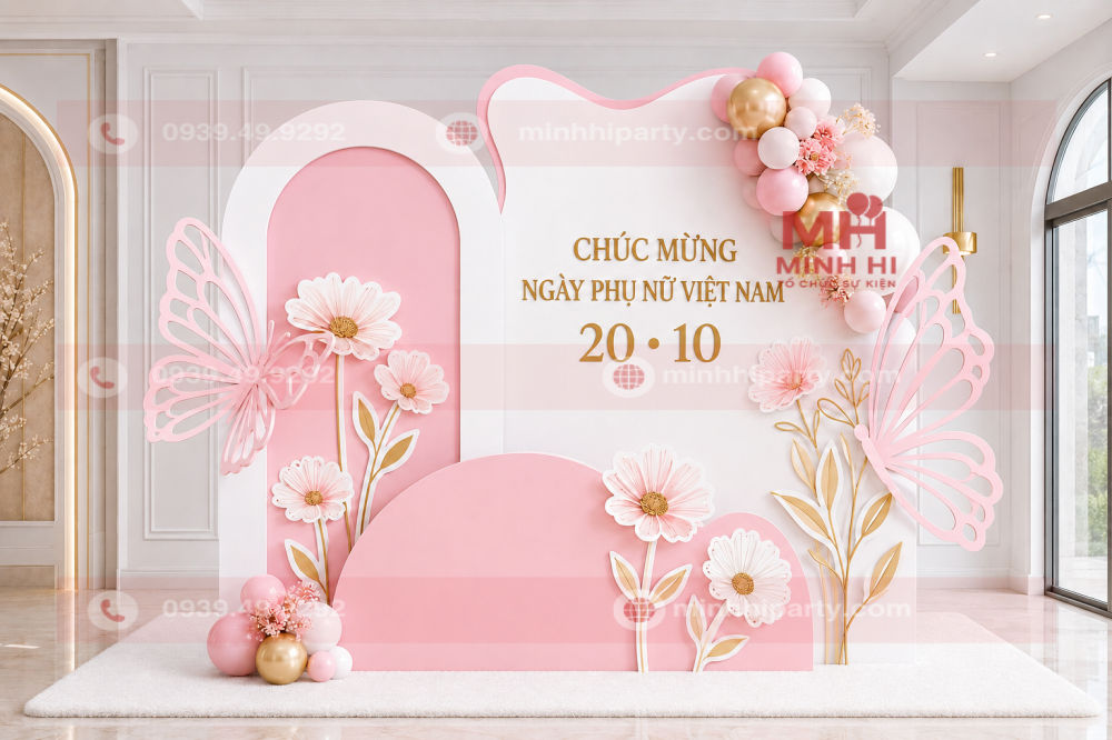 Mẫu backdrop 20/10 đơn giản màu trắng hồng pastel kết hợp thảm trắng sang trọng