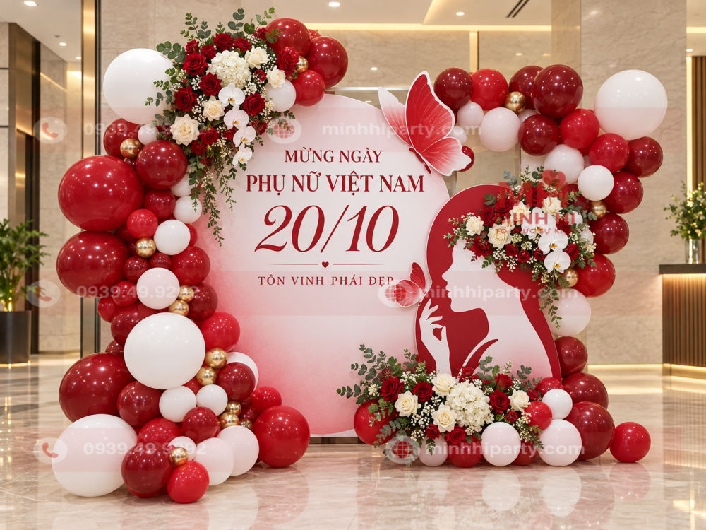 Trang trí sự kiện 20/10 với hoa tươi đỏ trắng tại sảnh doanh nghiệp