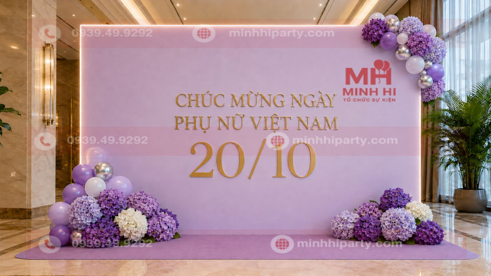 Trang trí 20/10 với backdrop phong cách lãng mạn trang trí hoa cẩm tú cầu tươi màu tím.