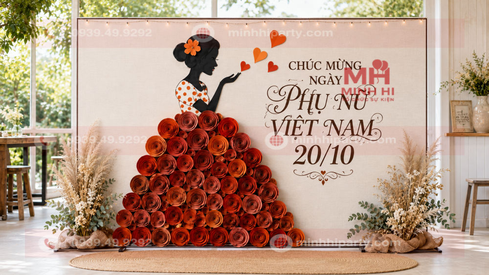 Mẫu trang trí backdrop 20/10 vintage bằng bạt Hiflex kết hợp váy hoa formex nổi 3D.
