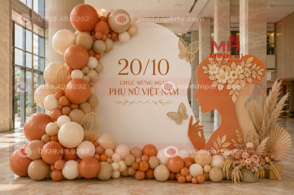 Tiểu cảnh check-in 20/10 cam đất và be tại sảnh lớn