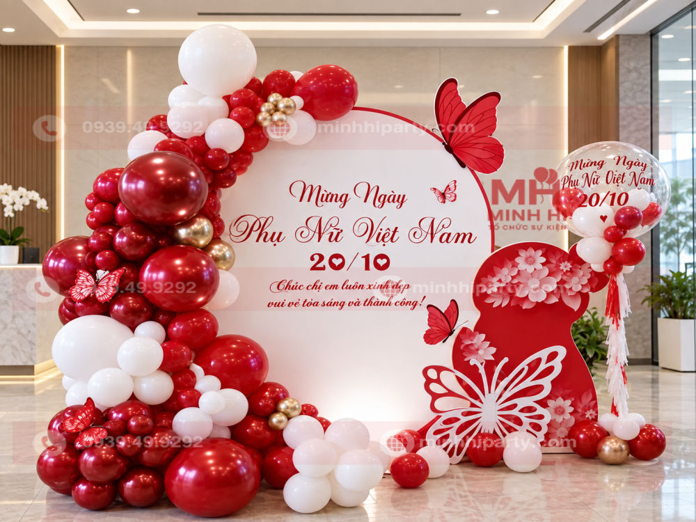 Thiết kế backdrop 20/10 đỏ trắng trang trí bóng bay cho chương trình doanh nghiệp