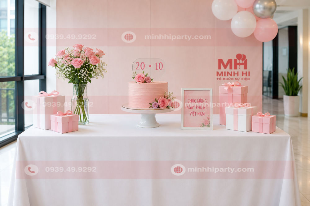 Bàn bánh 20/10 gọn gàng với hoa hồng và hộp quà pastel