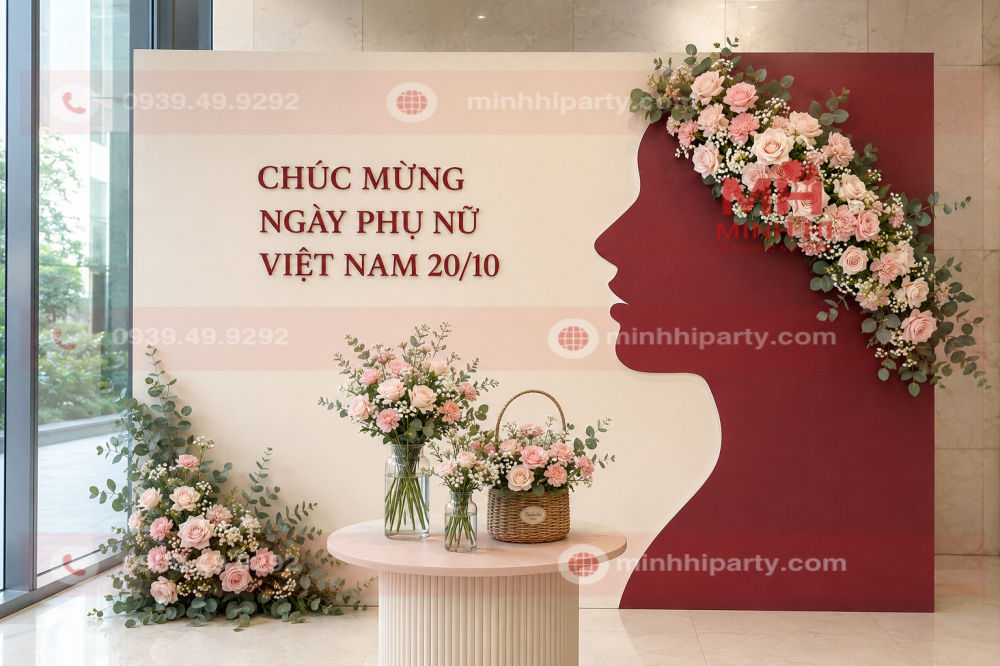 Trang trí ngày Phụ nữ Việt Nam bằng hoa tươi, lá xanh và bình thủy tinh
