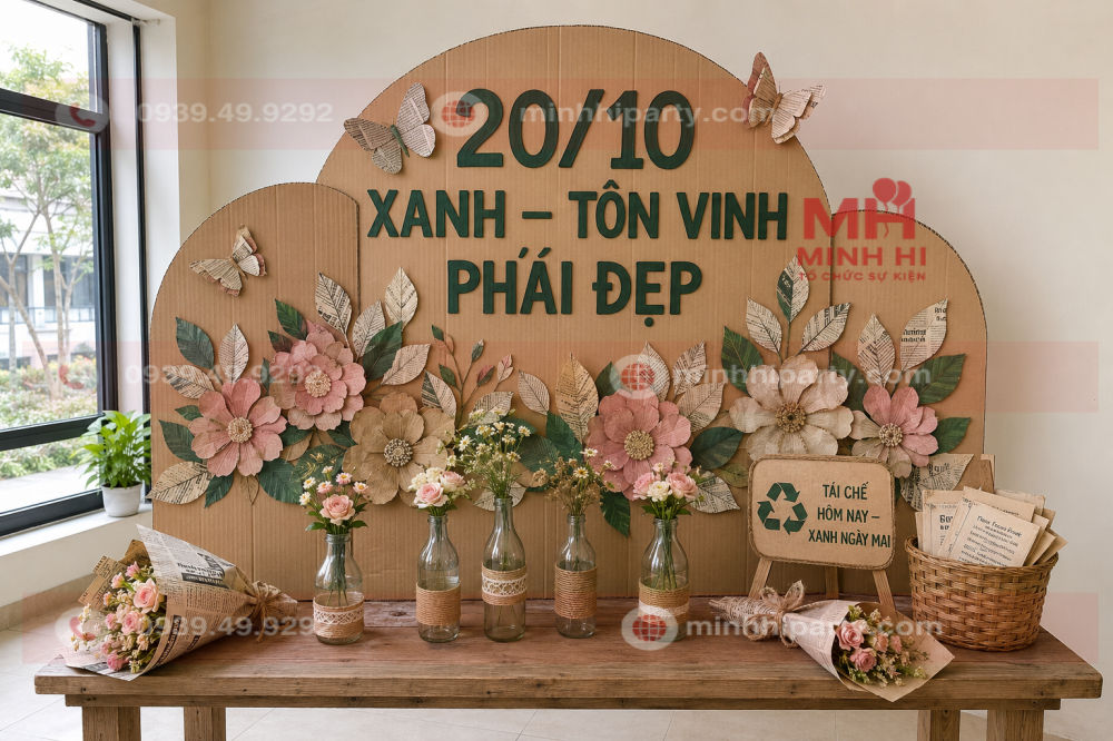 Trang trí 20/10 bằng vật liệu tái chế từ carton, giấy báo và chai thủy tinh