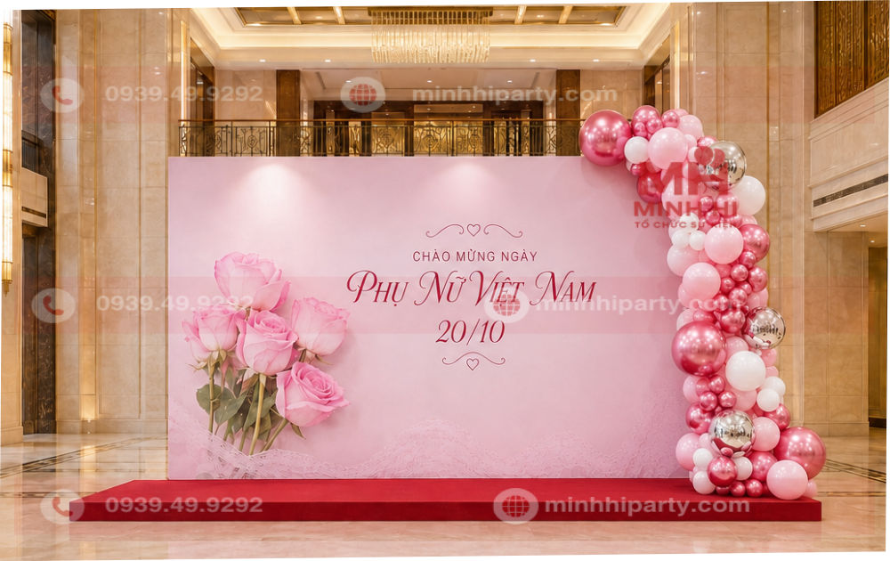 Sân khấu 20/10 doanh nghiệp bố trí trong sảnh lớn với backdrop hoa hồng và sàn phẳng