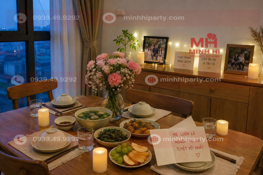 Trang trí 20/10 tại nhà với bàn ăn, ảnh gia đình và thiệp cảm ơn mẹ