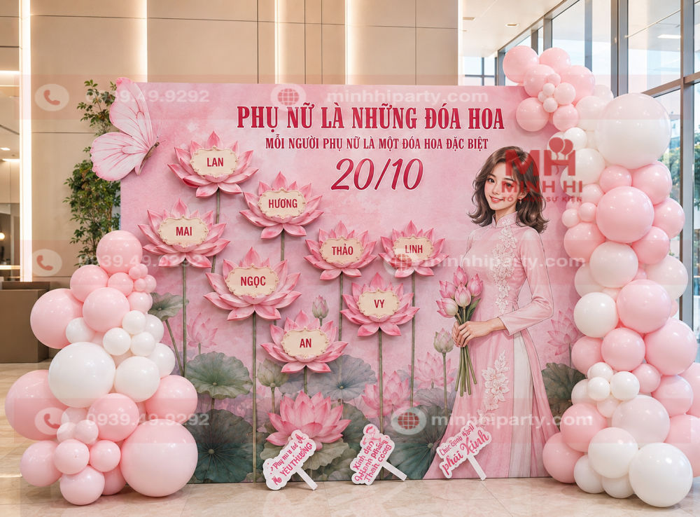 Backdrop 20/10 hoa sen ốp nổi kết hợp bong bóng hồng pastel và trắng