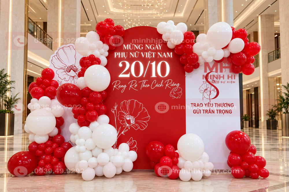 Mẫu backdrop 20/10 sử dụng typography nổi bật trong đại sảnh doanh nghiệp