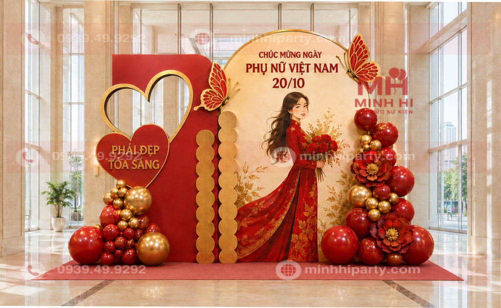Trang trí sân khấu 20/10 sang trọng với backdrop đỏ ruby và chi tiết vàng kim