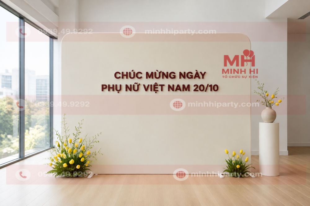Trang trí văn phòng 20/10 với backdrop tối giản và hoa tulip vàng