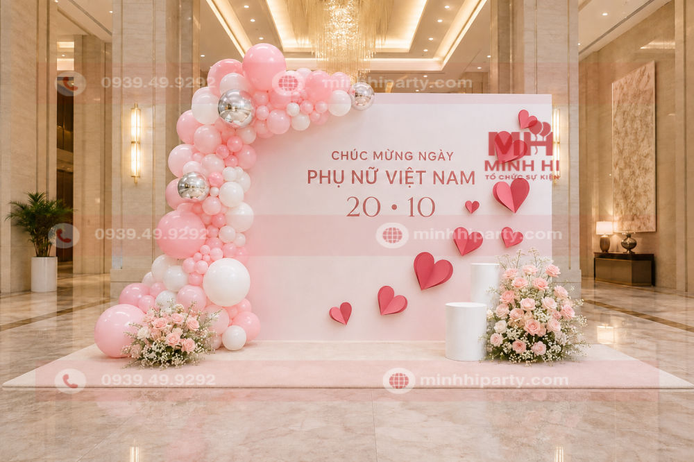 Trang trí 20/10 đẹp với hoa hồng pastel và trái tim giấy nổi màu hồng đậm làm nổi bật không gian