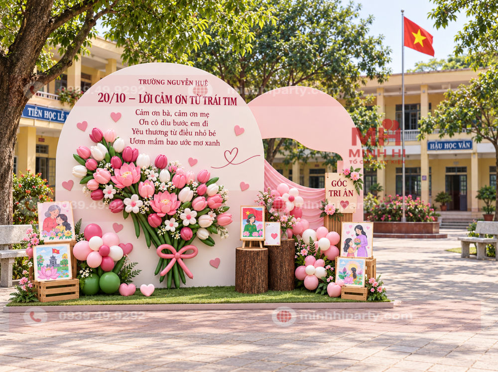 trang tri 20 10 thiet ke long ghep y nghia giao duc Góc tri ân 20/10 tại sân trường với thơ và tranh học sinh