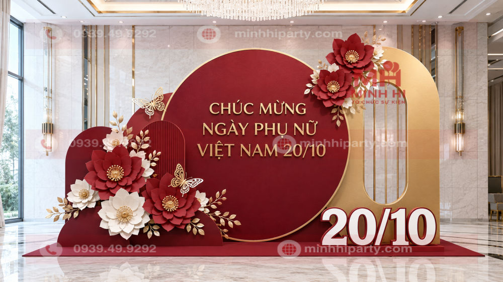Thiết kế backdrop 20/10 đỏ vàng với hoa formex và số nổi 3D màu trắng.