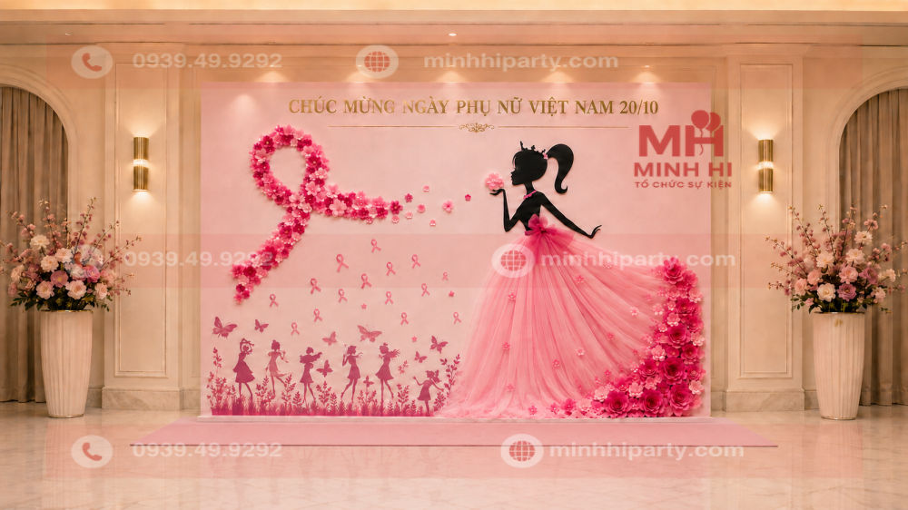 Mẫu check-in 20/10 tone hồng pastel với thảm trải ngang đồng bộ dưới chân backdrop.