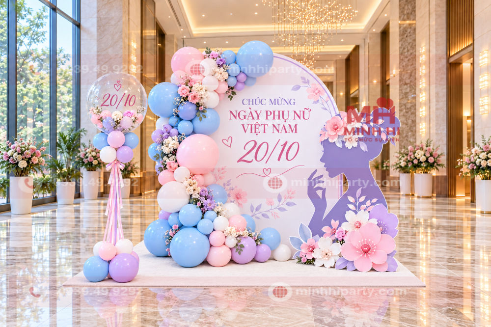 Trang trí sự kiện 20/10 với thảm trắng vừa khu vực backdrop check-in