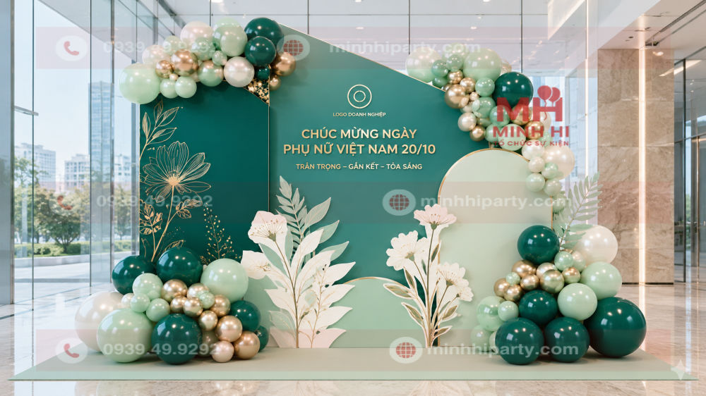 Backdrop 20/10 cho doanh nghiệp tone xanh ngọc kết hợp logo, slogan và bóng bay nhận diện thương hiệu.