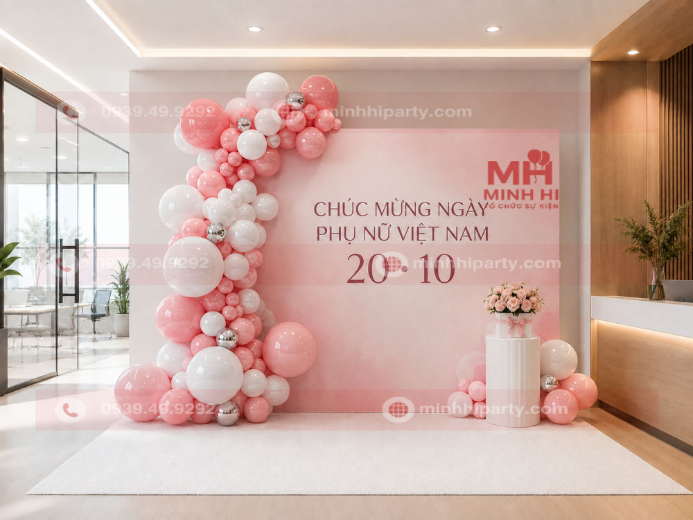 trang trí backdrop 20/10 tối giản với hoa hồng pastel tại sảnh lớn sang trọng