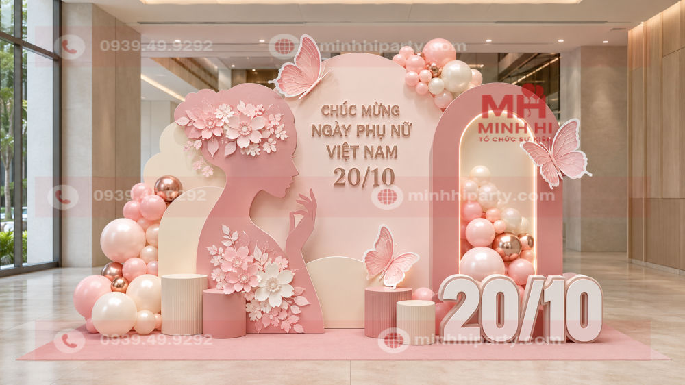 Mẫu check-in 20/10 hiện đại với thiết kế 3D, formex hồng pastel và vòm LED.