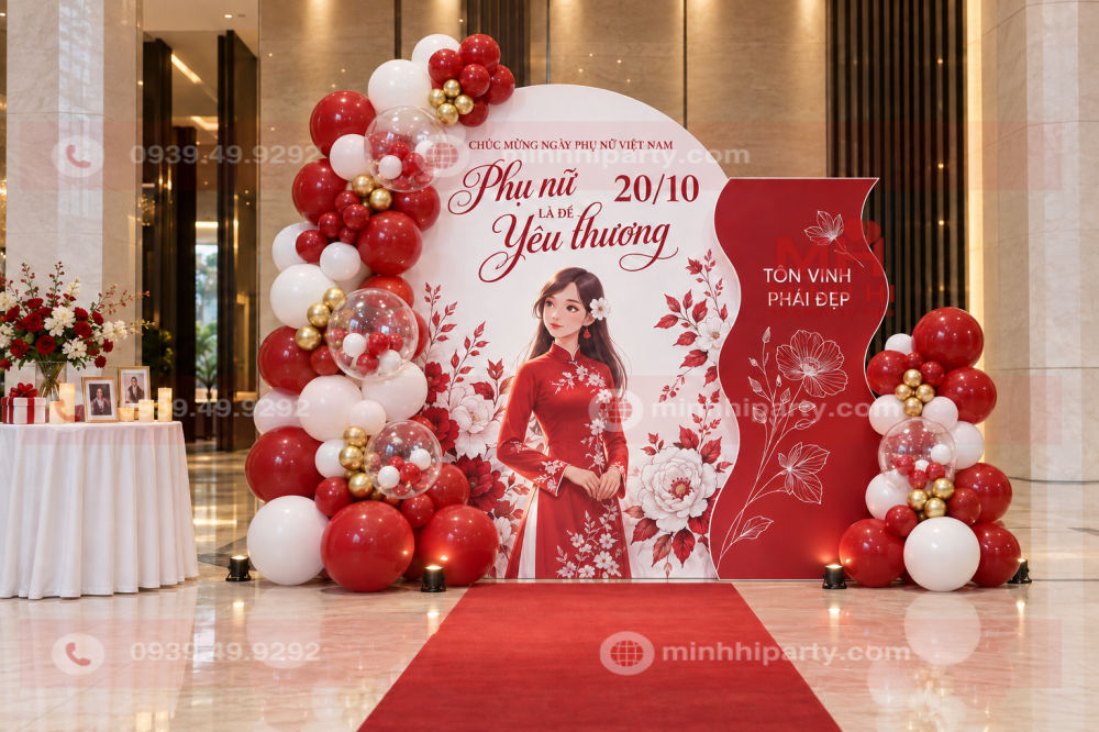 Trang trí backdrop 20/10 với bóng bay trong suốt tone đỏ trắng tại sảnh doanh nghiệp