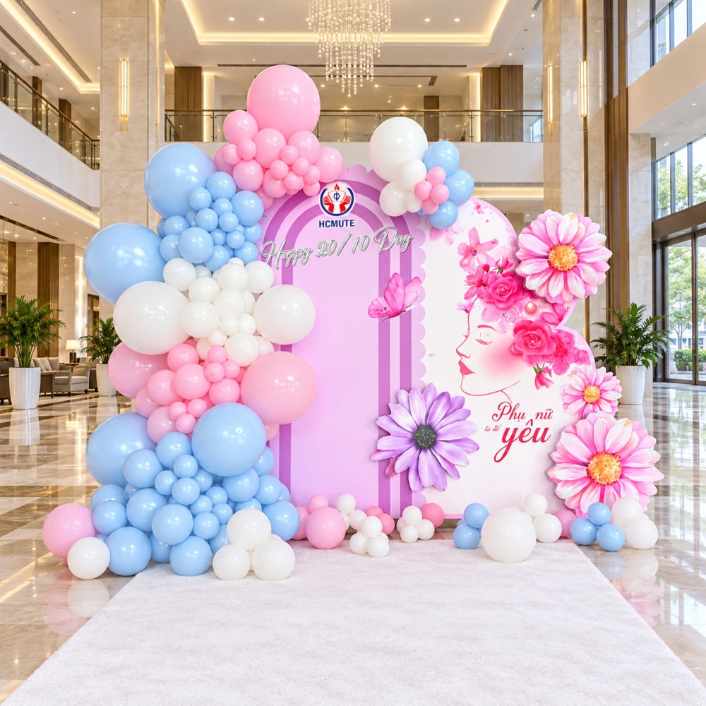 Backdrop 20/10 trang trí khu vực check-in tại sảnh lớn với bong bóng xanh nhạt và thảm trắng