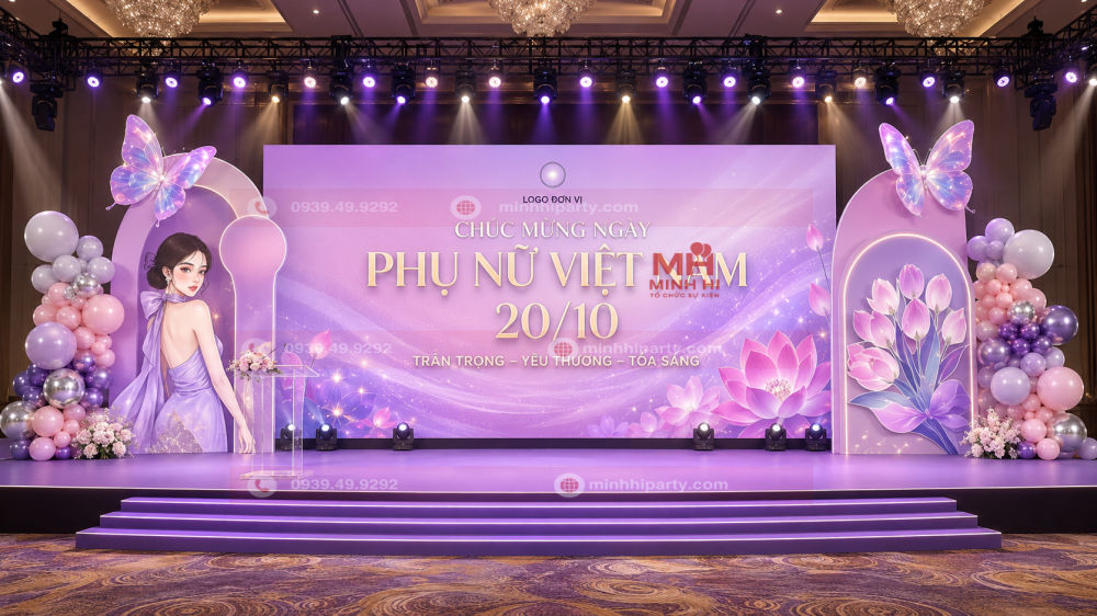 Thi công backdrop sự kiện 20/10 quy mô lớn với màn hình LED, sân khấu và hệ thống ánh sáng chuyên nghiệp.