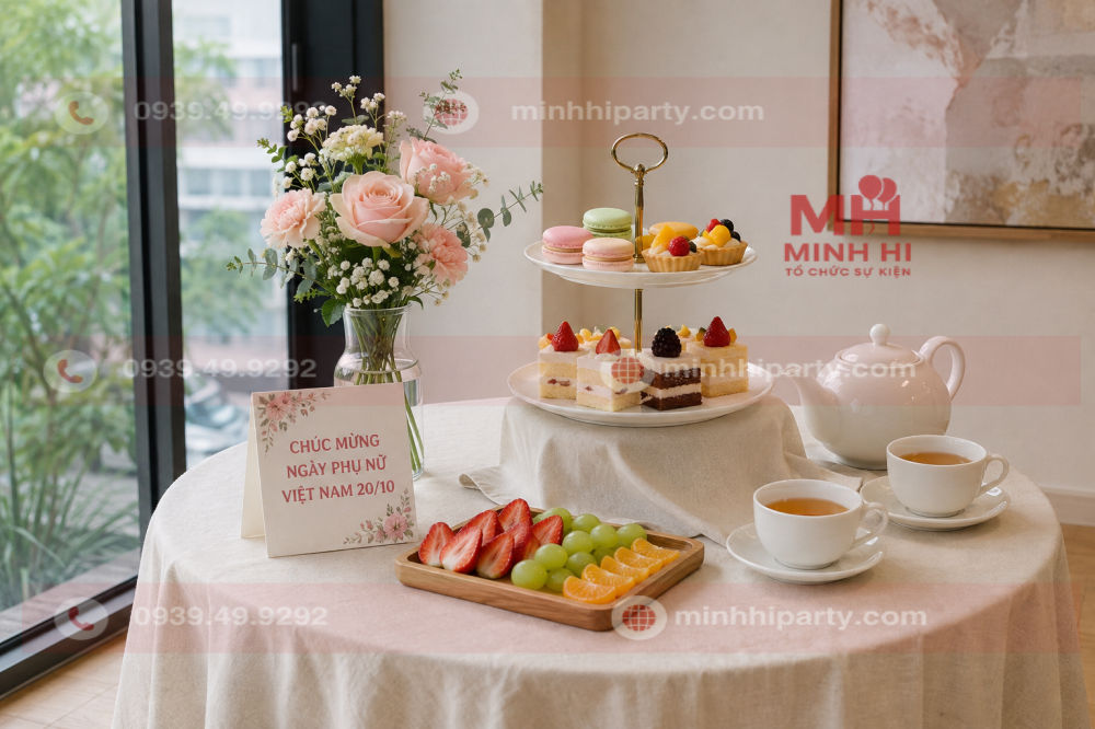 Bàn tiệc trà 20/10 nhẹ nhàng với bánh ngọt, trái cây và hoa tươi