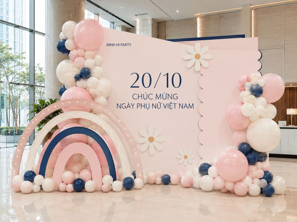 Backdrop 20/10 kết hợp màu sắc nhận diện thương hiệu doanh nghiệp