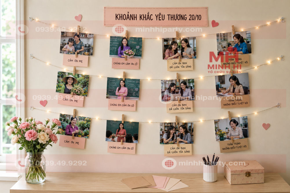 Dây ảnh kỷ niệm 20/10 treo bằng kẹp gỗ kèm những lời cảm ơn