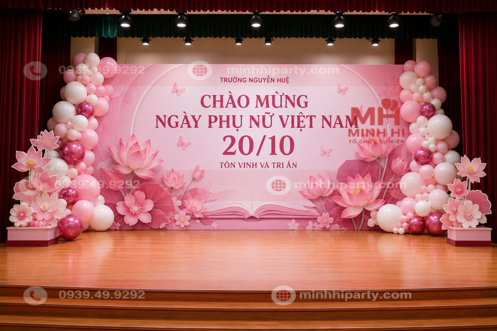 trang tri san khau 20 10 cho truong hoc Trang trí backdrop sân khấu 20/10 Trường Nguyễn Huệ với hoa sen