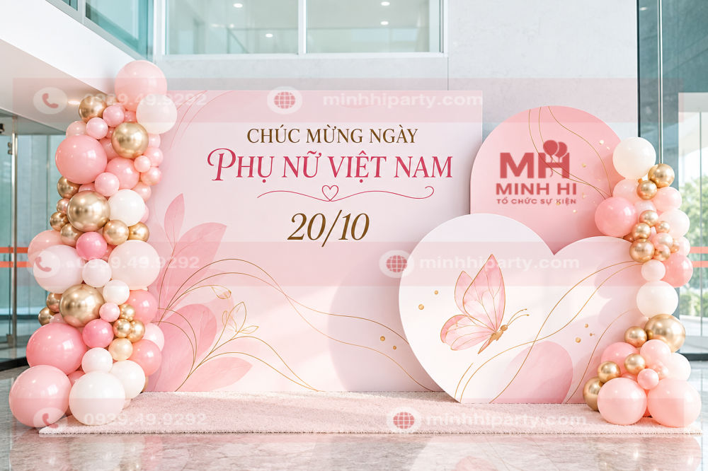 Mẫu trang trí 20/10 phối ba màu hồng trắng champagne với nội dung backdrop dễ đọc