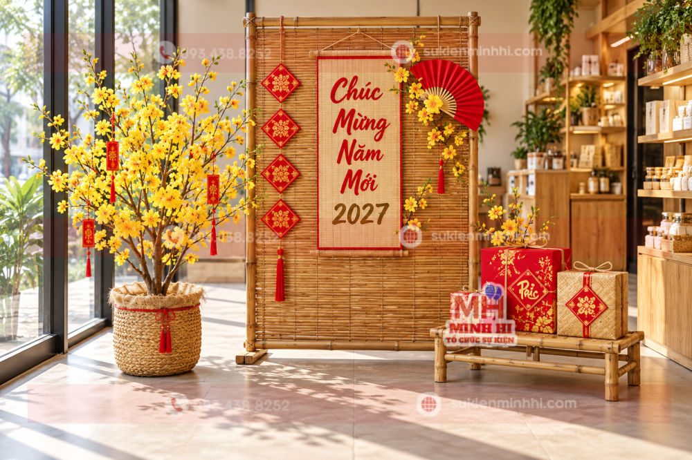 trang tri tet 2027 voi goc chup gon bang cac chi tiet roi Trang trí tết 2027 với góc chụp gọn bằng các chi tiết rời như bàn ghế, vách manh tre