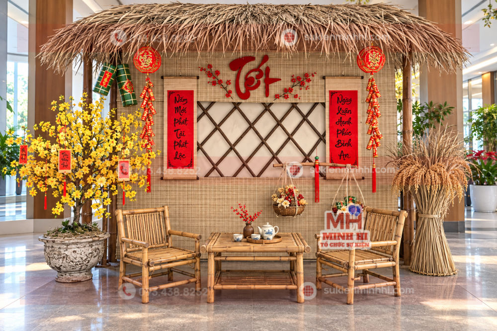 trang tri tet 2027 voi goc tet viet vat lieu moc mac Mẫu trang trí tết 2027 đẹp với gốc tết Việt vật liệu mộc mạc