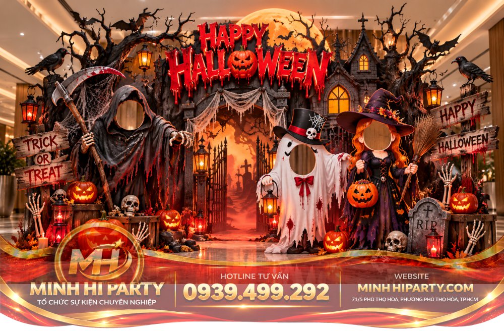 Concept halloween chu de dem nguyen rua Tiểu Cảnh Halloween 2026 Ngoài Trời Độc Đáo