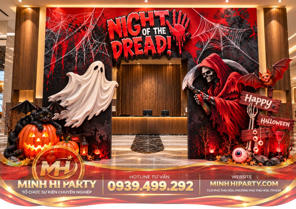Cong chao trang tri halloween 2026 tai Minh Hi Party Thiết Kế Halloween Phong Cách Kinh Dị mới nhất