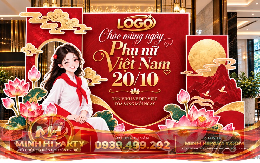 Mẫu trang trí 20/10 kết hợp logo chữ nổi hiện đại mới nhát 2026