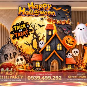 Mau trang tri halloween 2026 danh cho cua hang tre em Decor Halloween Hiện Đại Với Tone Đen – Cam