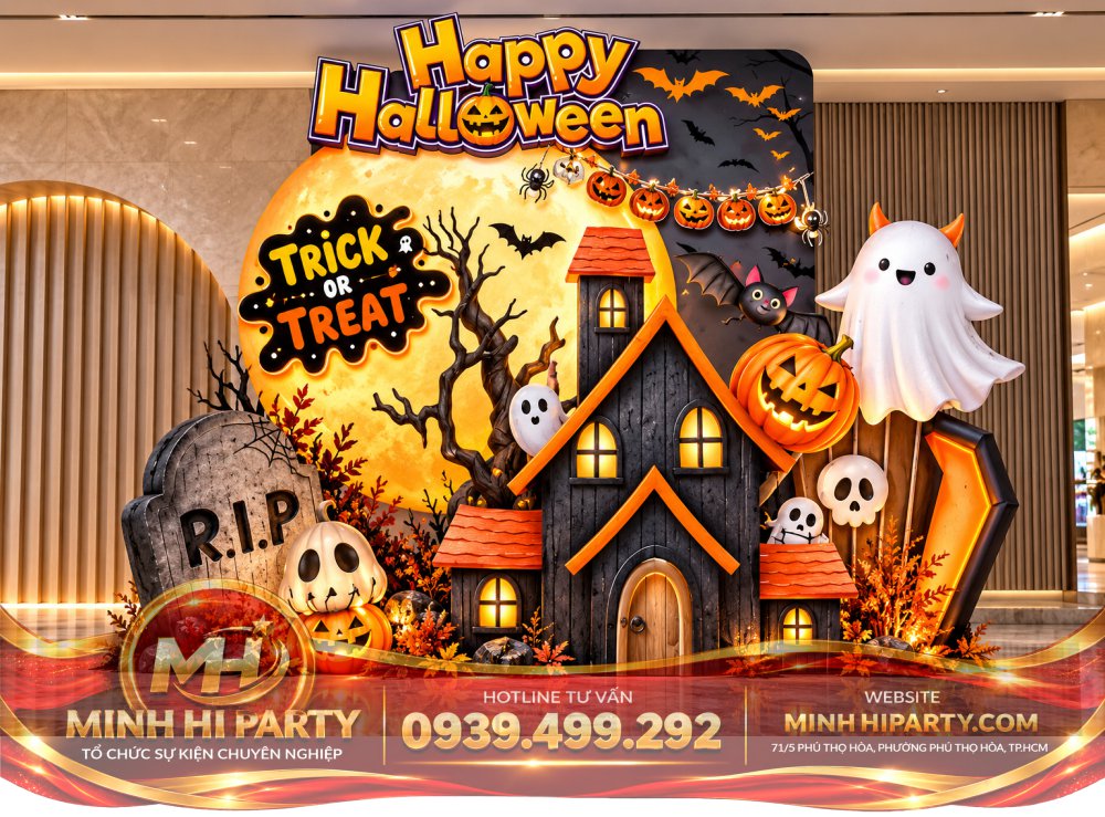 Mau trang tri halloween 2026 danh cho cua hang tre em Decor Halloween Hiện Đại Với Tone Đen – Cam