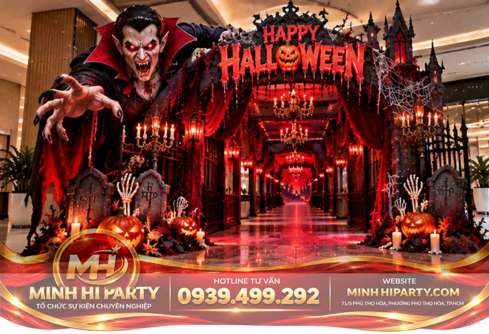 Trang tri halloween 2026 voi hinh anh dracula Trang Trí Halloween 2026 Với Cổng Chào Ma Quái 3D