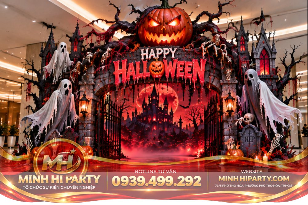 Y tuong trang tri halloween 2026 Trang Trí Halloween 2026 Sảnh Chung Cư Cao Cấp