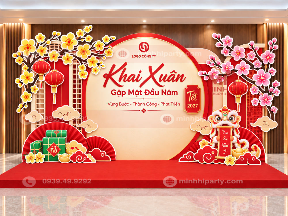 backdrop khai xuan va gap mat dau nam 2027 Trang trí tết 2027 với background chụp hình cho sự kiện khai xuân công ty.