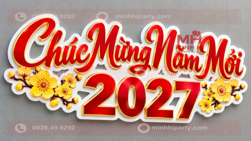 Chữ nổi trang trí Tết 2027 bằng formex ghép lớp 3D màu đỏ vàng trên nền tường xám