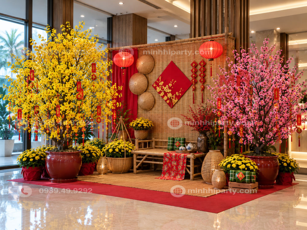 Cây mai, cây đào trang trí Tết 2027 kết hợp hoa vàng, hoa hồng và phụ kiện đón xuân.