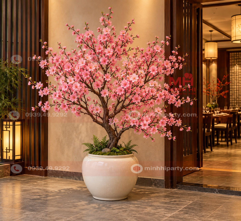 Cây đào giả trang trí tết 2027 trong chậu gốm trắng với hoa hồng và phần gốc hoàn thiện tại lối vào nhà hàng.