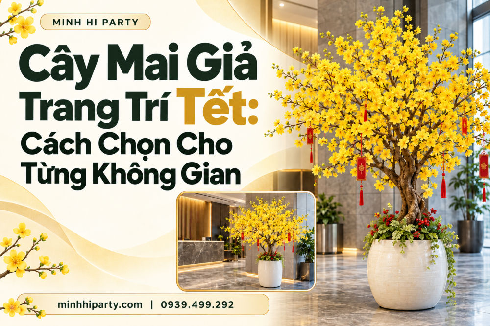 Cây mai giả trang trí Tết 2027 cho văn phòng, nhà hàng và showroom – hướng dẫn lựa chọn theo không gian.